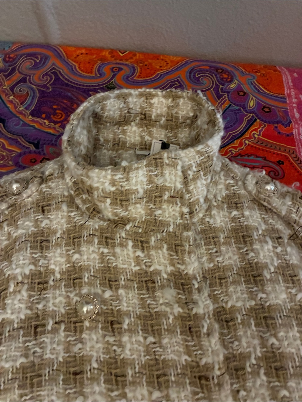 VILA Taupe and Cream Tweed Belted Pea Coat